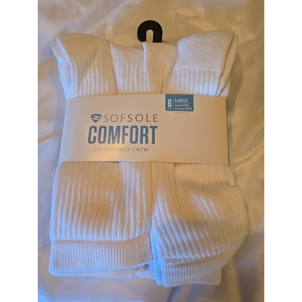 Sof Sole Cushioned Crew Socks Men's 8.5 12.5 Women's 11 13 Large White‎ 6 Pair
